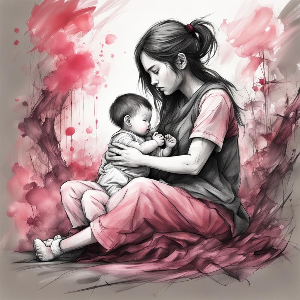 Mother and Child: Minimalist Charcoal Manga Sketch