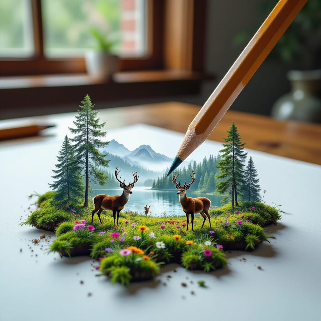 Pencil Drawing Creates Mossy 3D Forest Scene