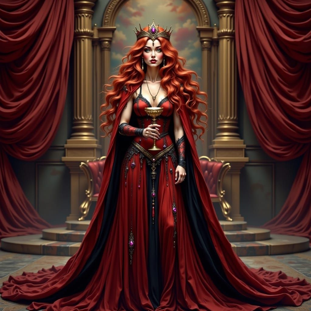 Majestic Red-Haired Queen in Opulent Throne Room