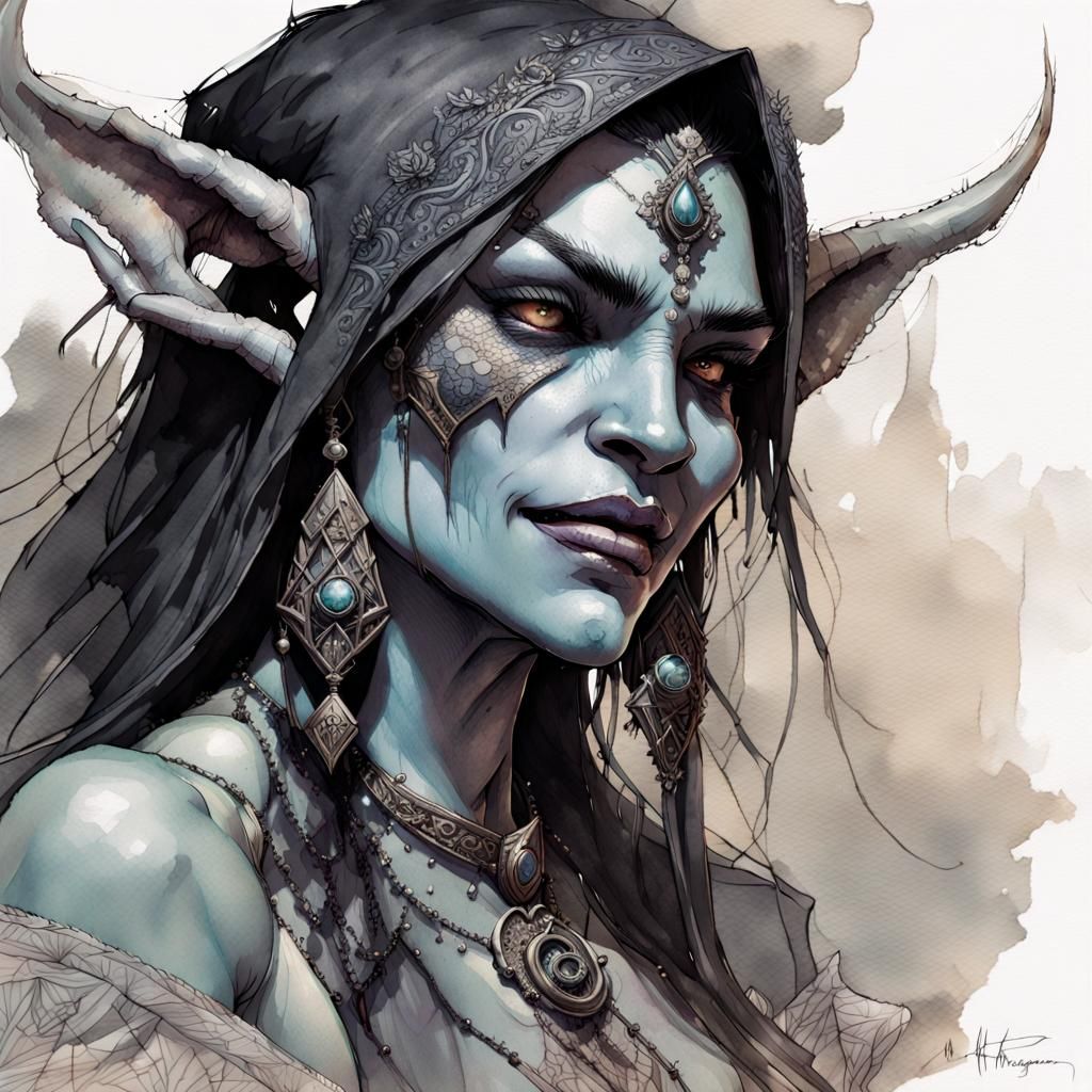 Orc Sorceress Concept Art in Ink and Watercolor