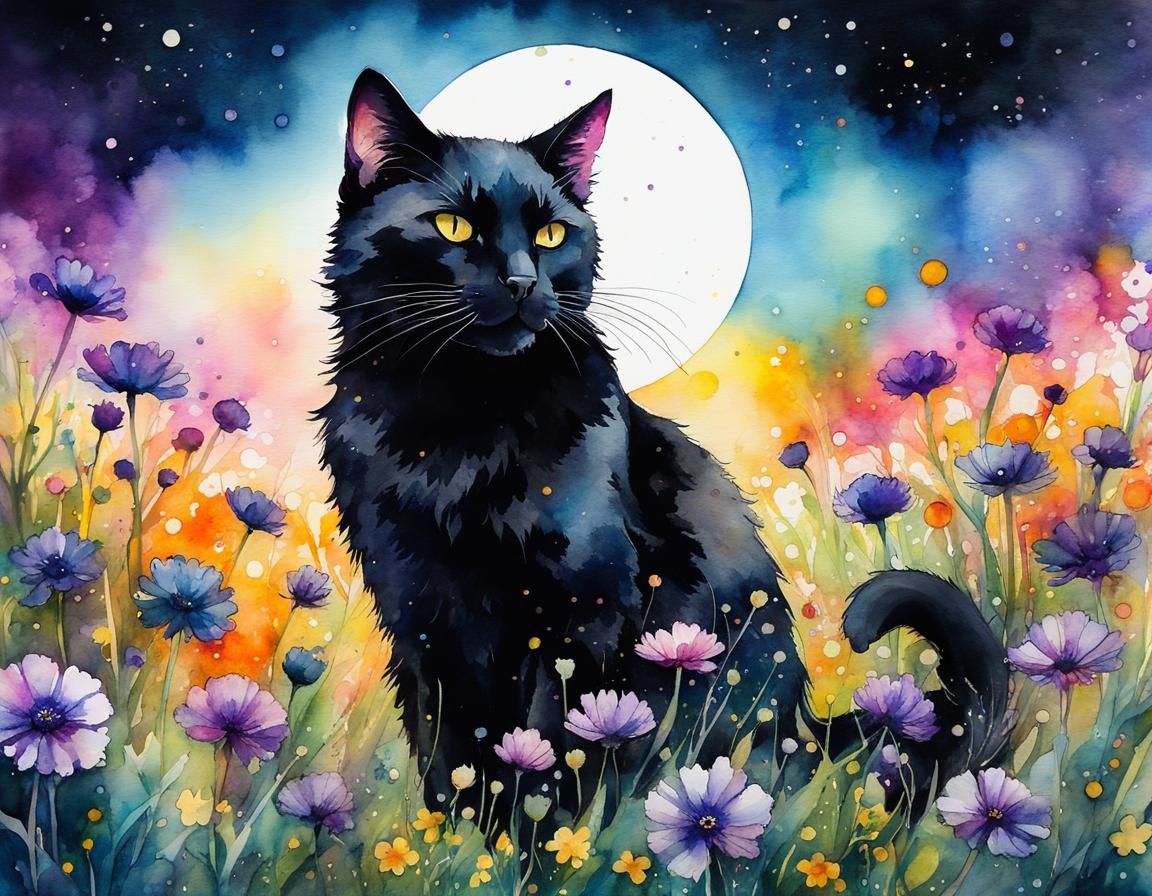 Black Cat in Flower Field: Watercolor Painting