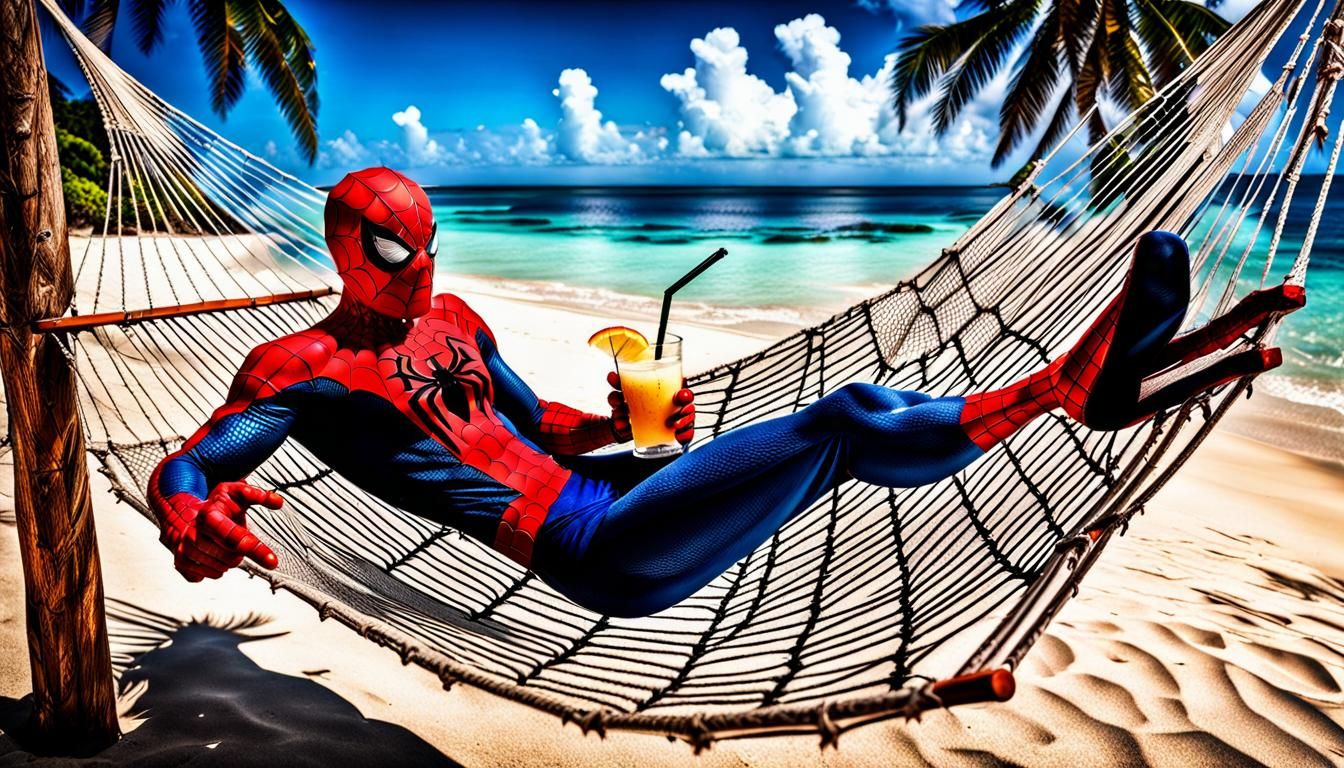 Spiderman on Tropical Beach Sipping Pina Colada