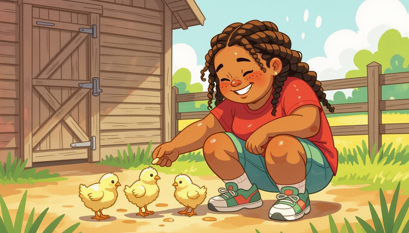 Smiling Girl Feeds Chicks, Expressive Watercolor Painting