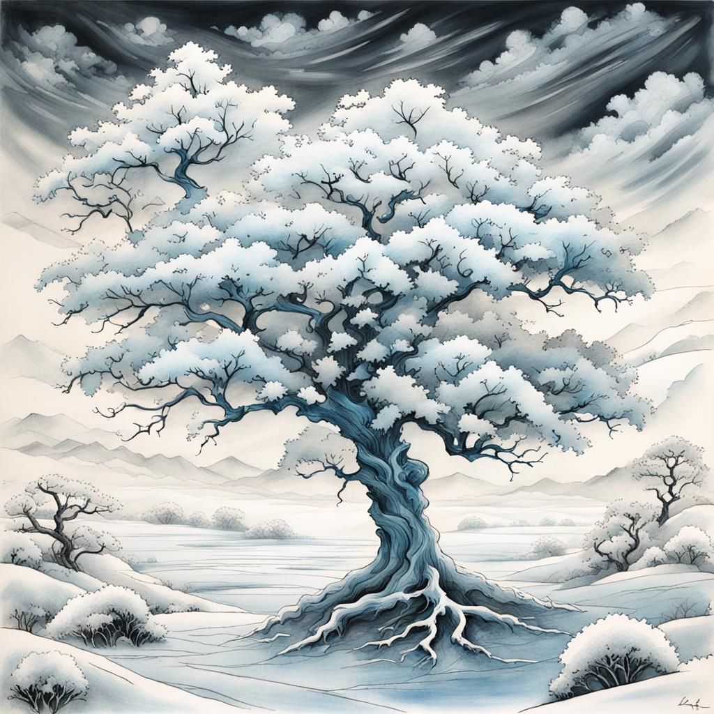Snowy Ukiyo-e Landscape with Frozen Leaf