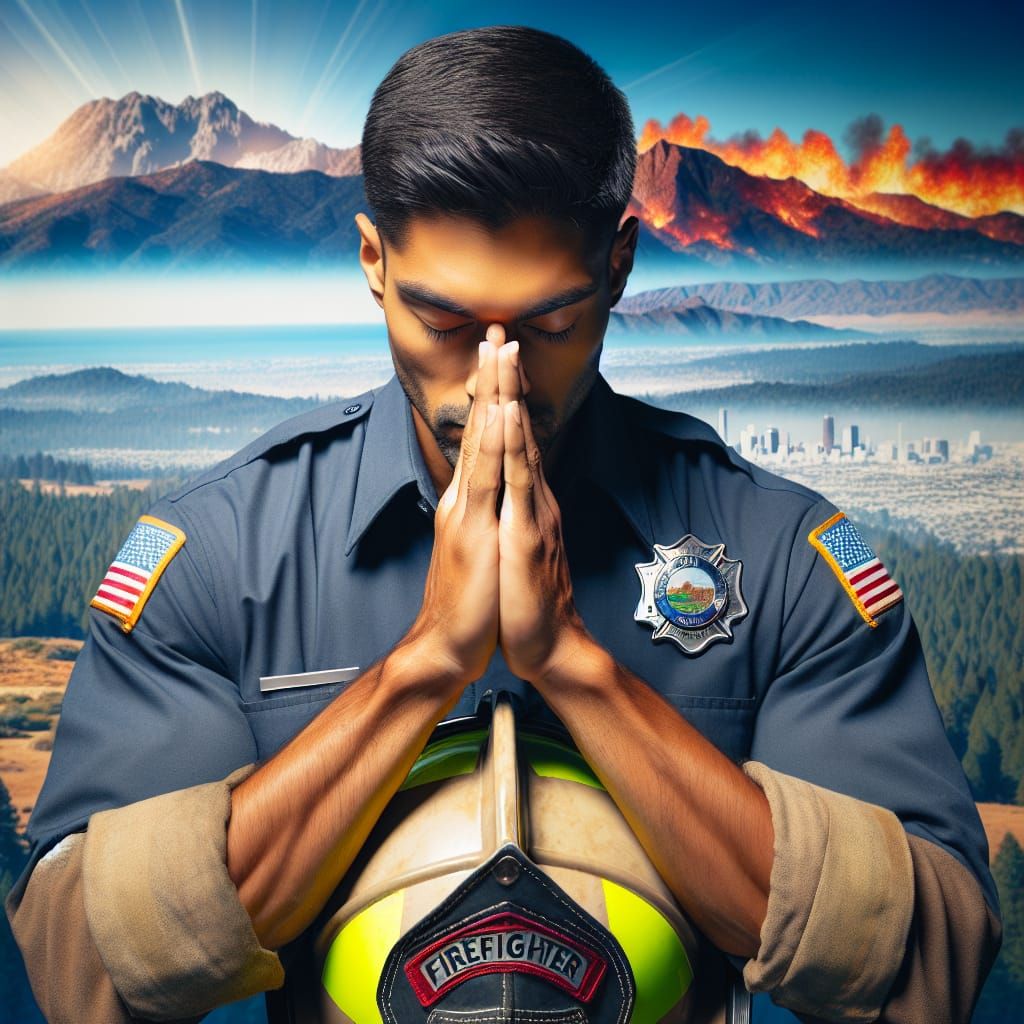 South Asian Firefighter in Prayer for California's Hope