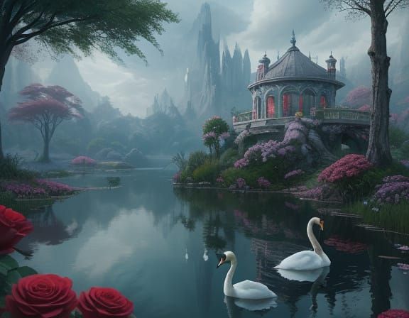 Majestic White Swans in Whimsical Lake Scene with Heart-Shap...