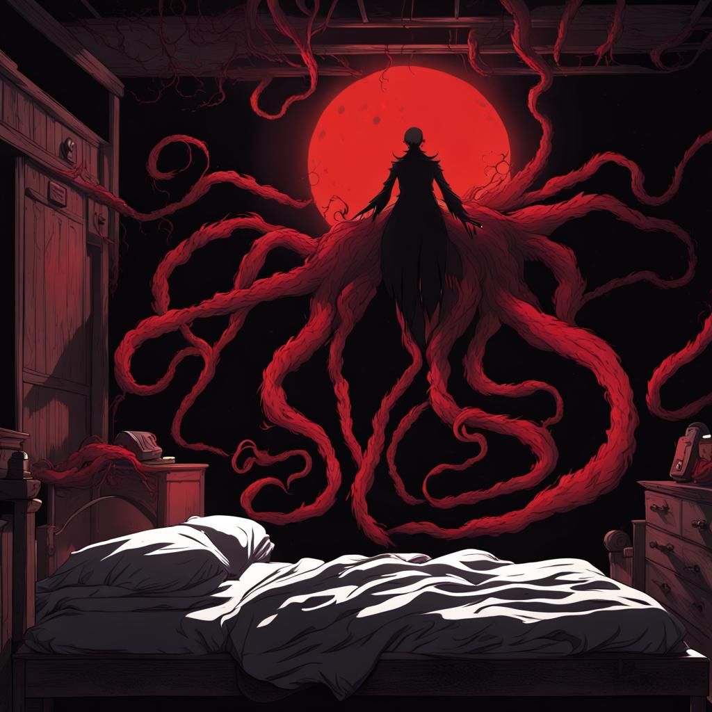 Eldritch Red and Black Monster Silhouette in Anime Art