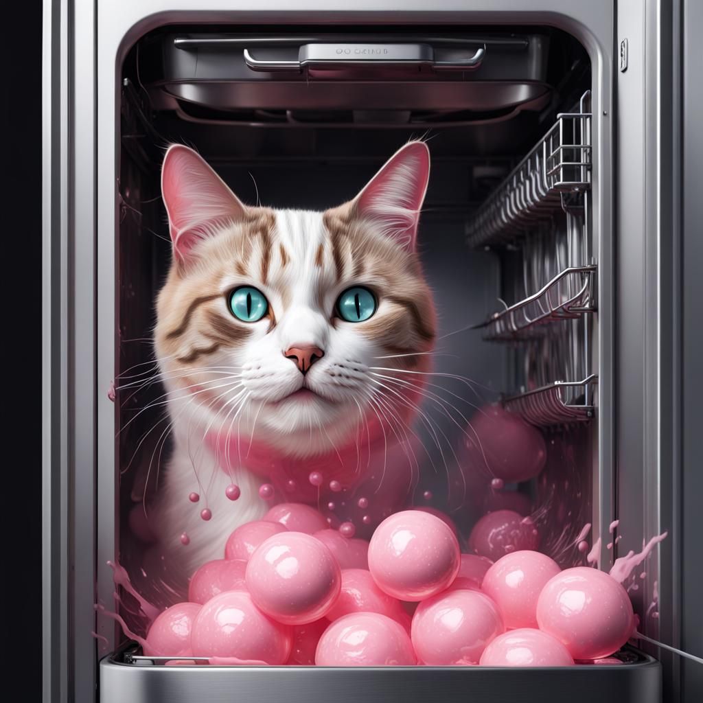 Cat Bubble Gum Overflowing in Hyperrealistic Dishwasher