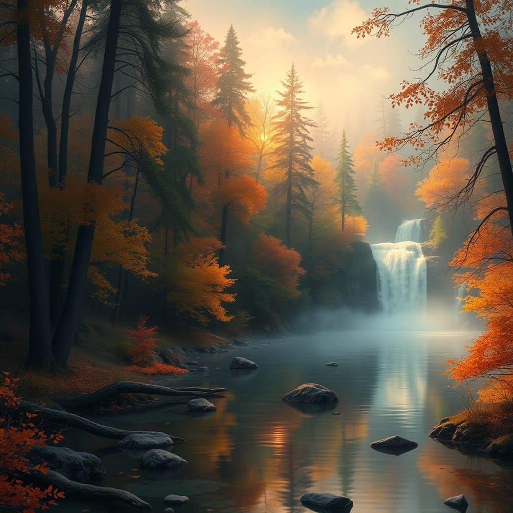 Ethereal Autumn Forest Lake and Waterfall