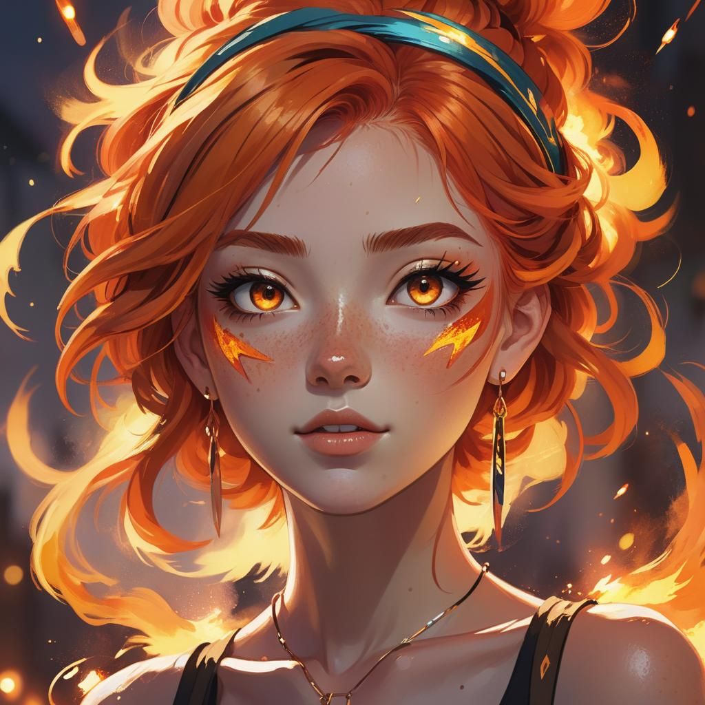 Anime Girl with Fiery Hair in Expressive Style