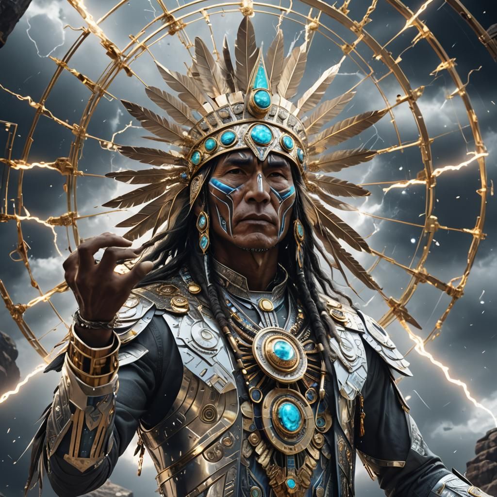 Futuristic Native American Medicine Man with Lightning