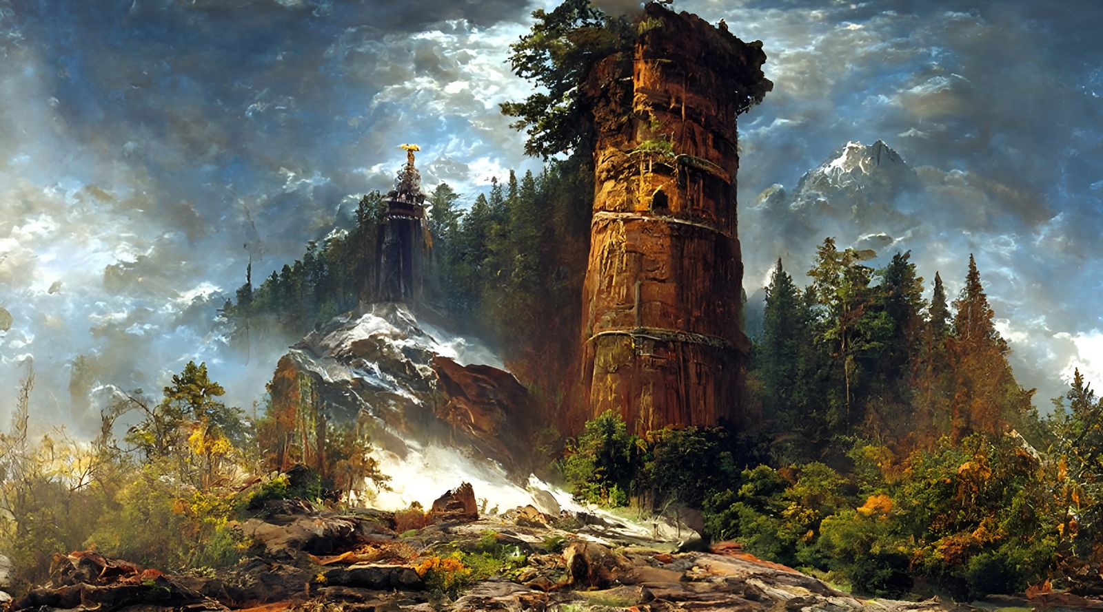 Firewatch Tower in Forest, Bierstadt Style Landscape