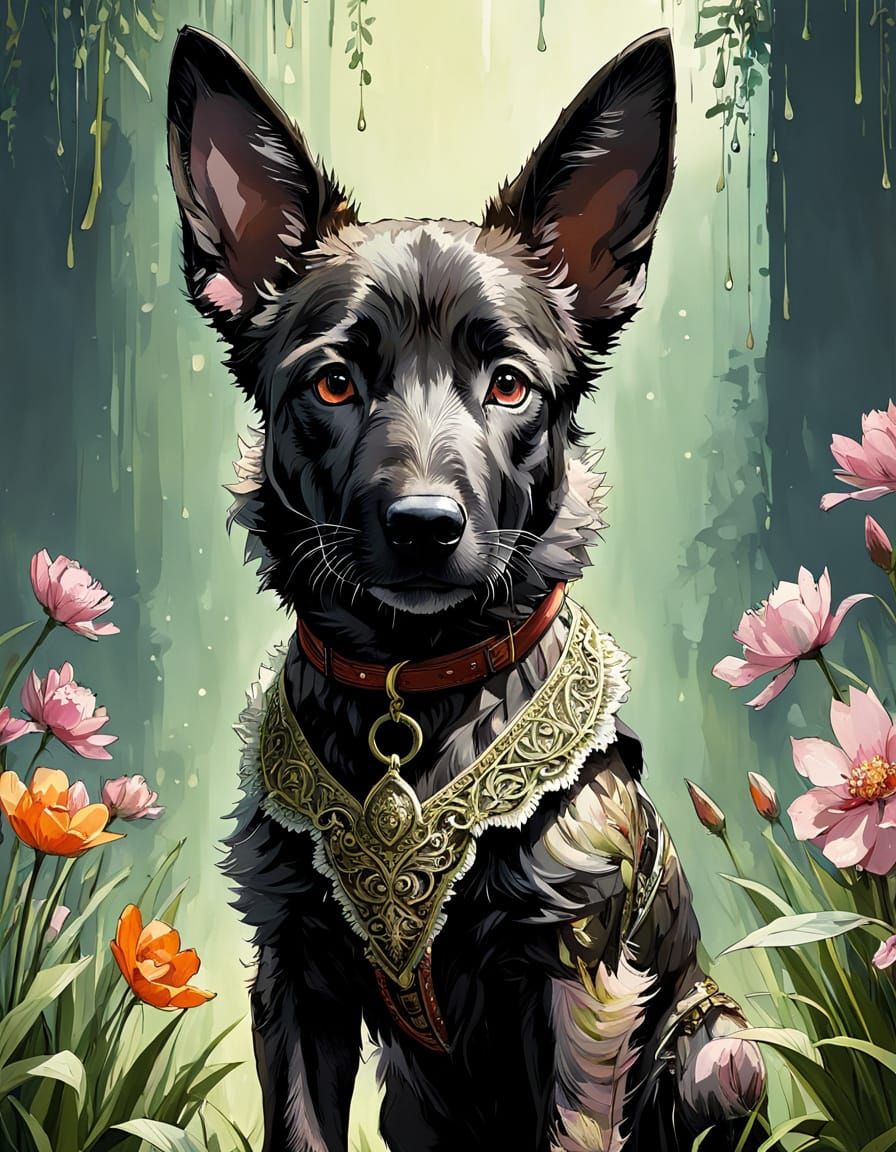 A Dutch Shepherd Dog in Vibrant Floral Attire