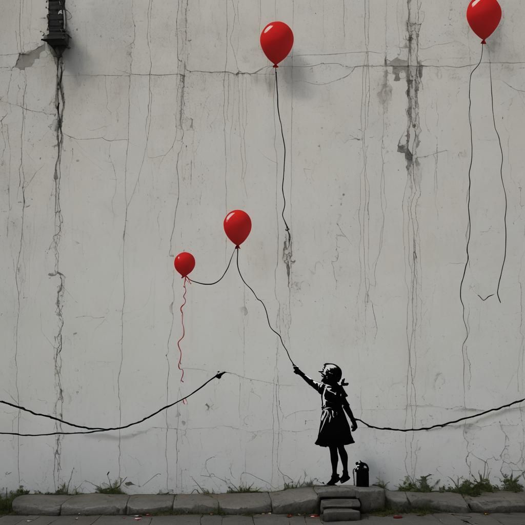 Banksy style, White wall, Girl holding a red balloon on a ro...