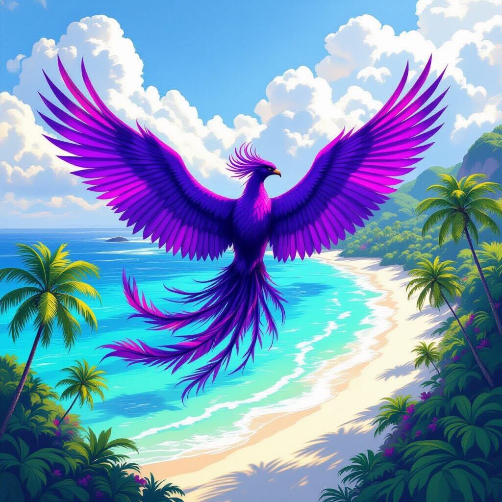 Purple Phoenix Soaring Over Tropical Sea