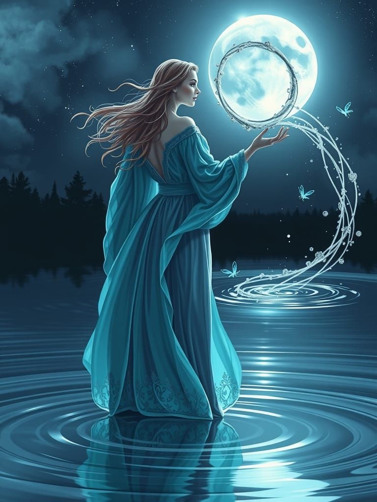 Water Sorceress Conjures Magic Vortex at Moonlit Lake