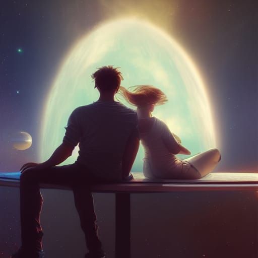 Couple Watches Exploding Planet in Space: Digital Art