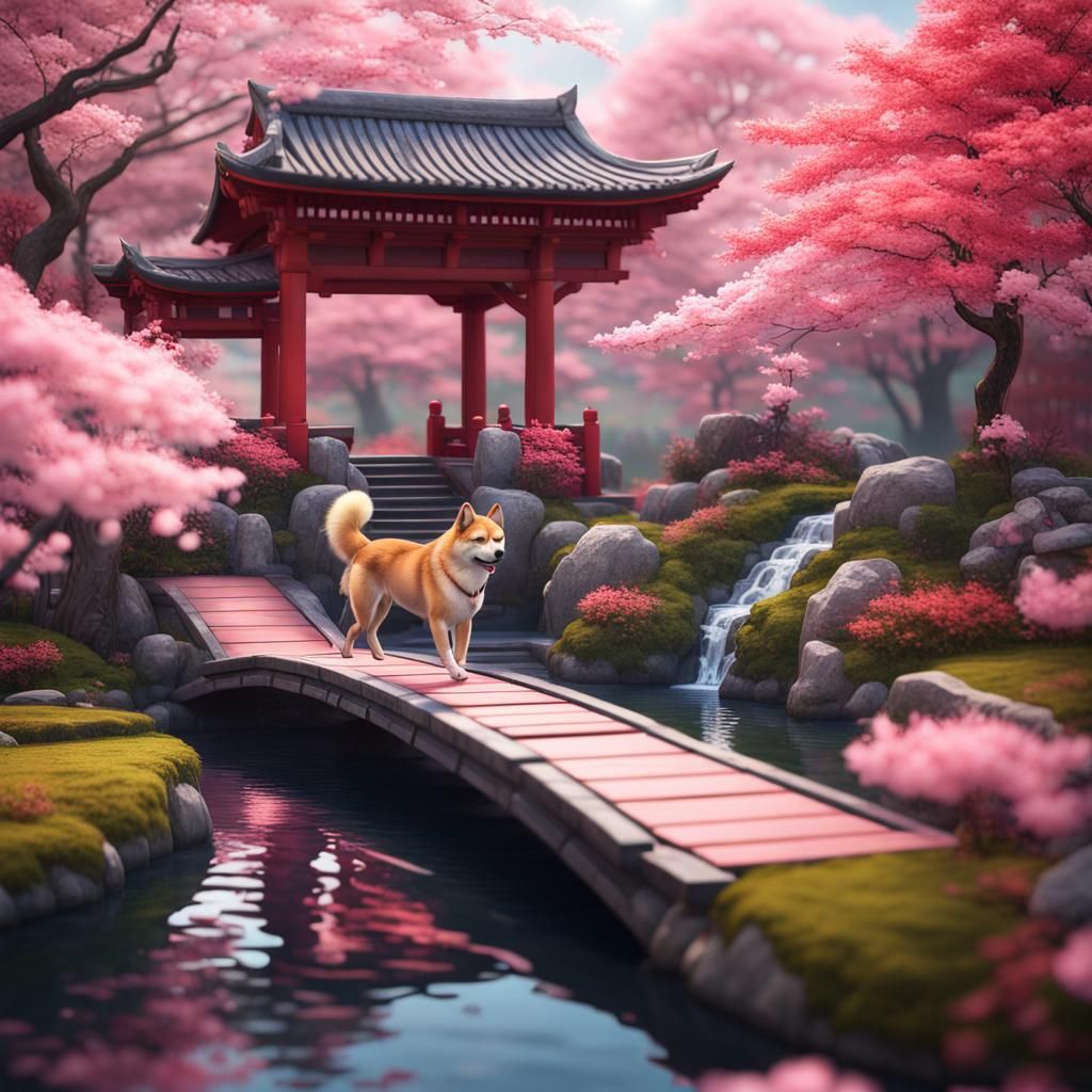 Shiba Inu in Japanese Garden with Cherry Blossoms