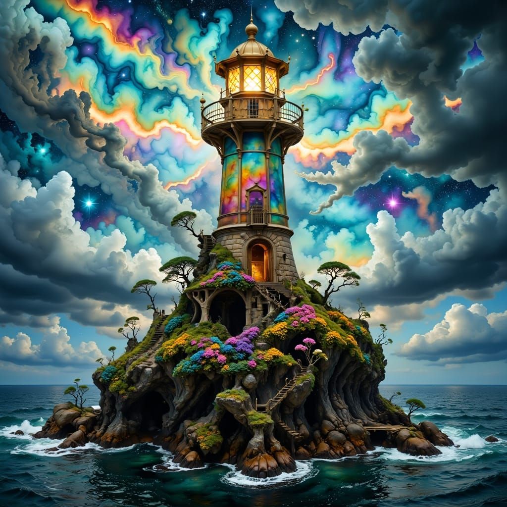 A gorgeous elaborate lighthouse stands on a large rock in th...