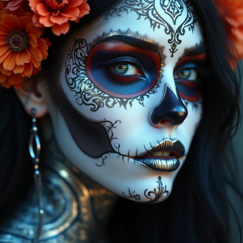 Chrome Woman with Sugar Skull Makeup in Cyberpunk Style