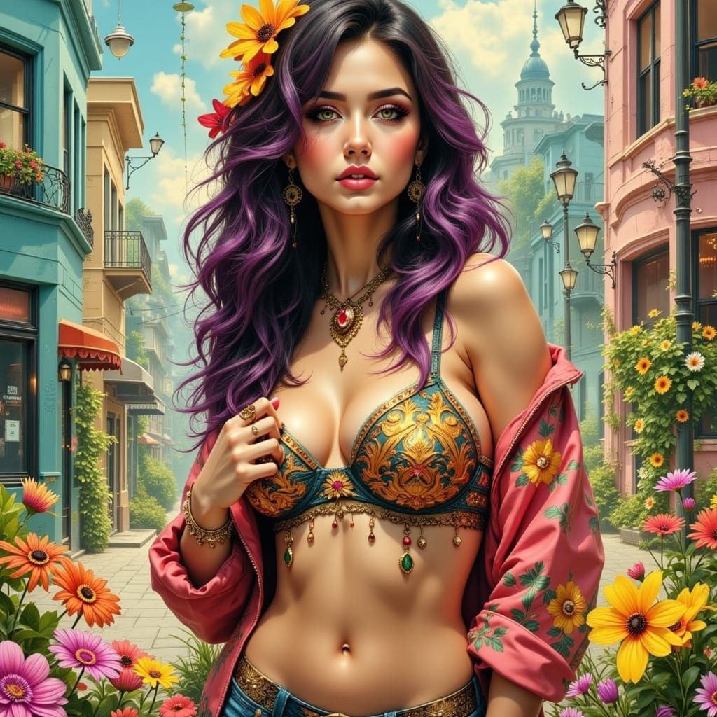 Woman in Juxtaposed Landscapes: Digital Painting Collage