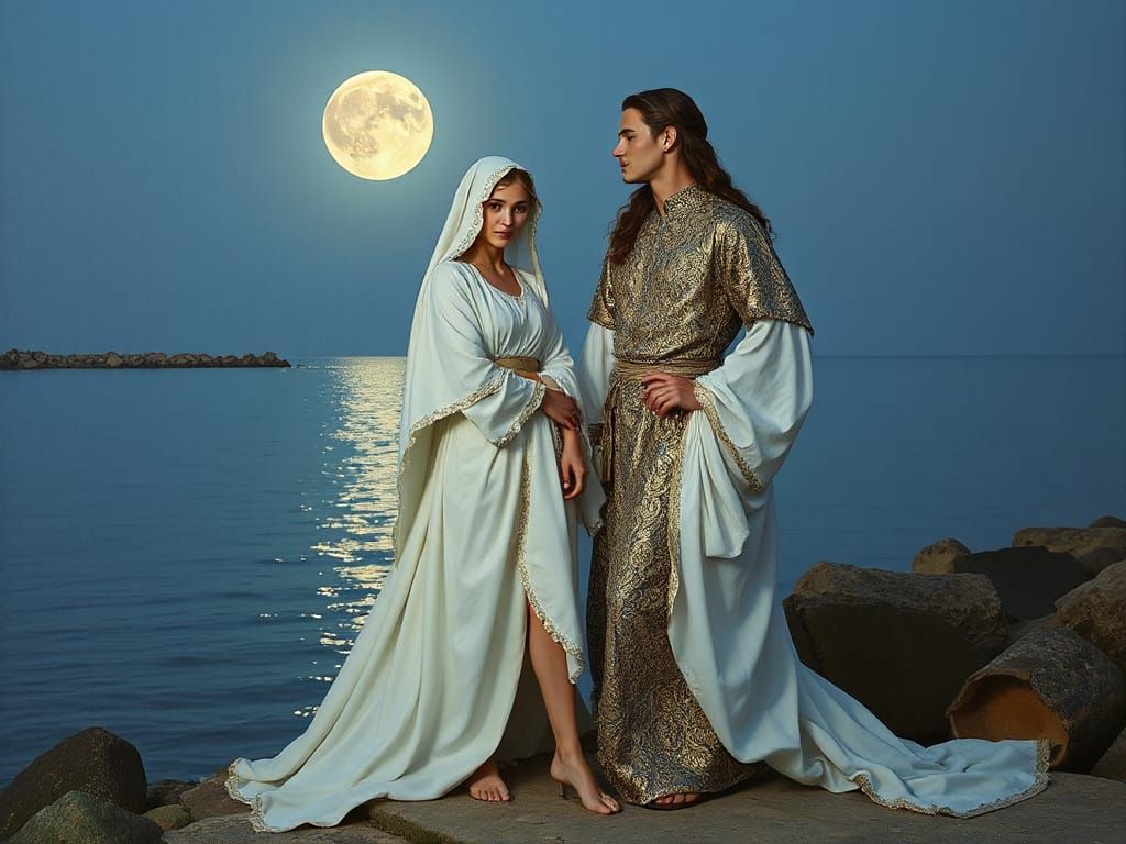 Elegant Siblings on Moonlit Shore in Pre-Raphaelite Style