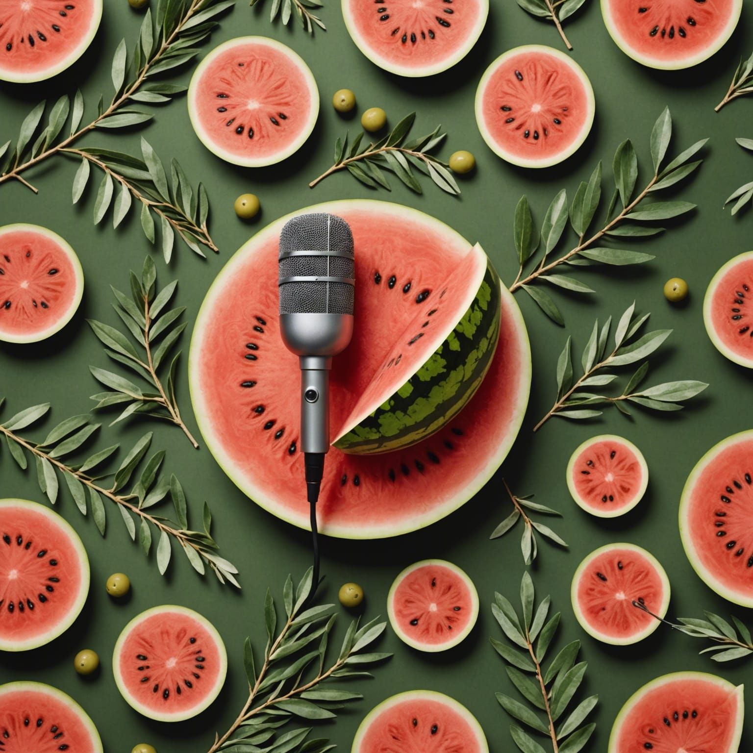 Watermelon, Microphone, and Olive Branch Collage