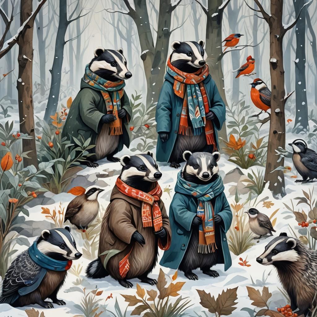 Badgers and Birds in Winter Forest, Julia Pott Style