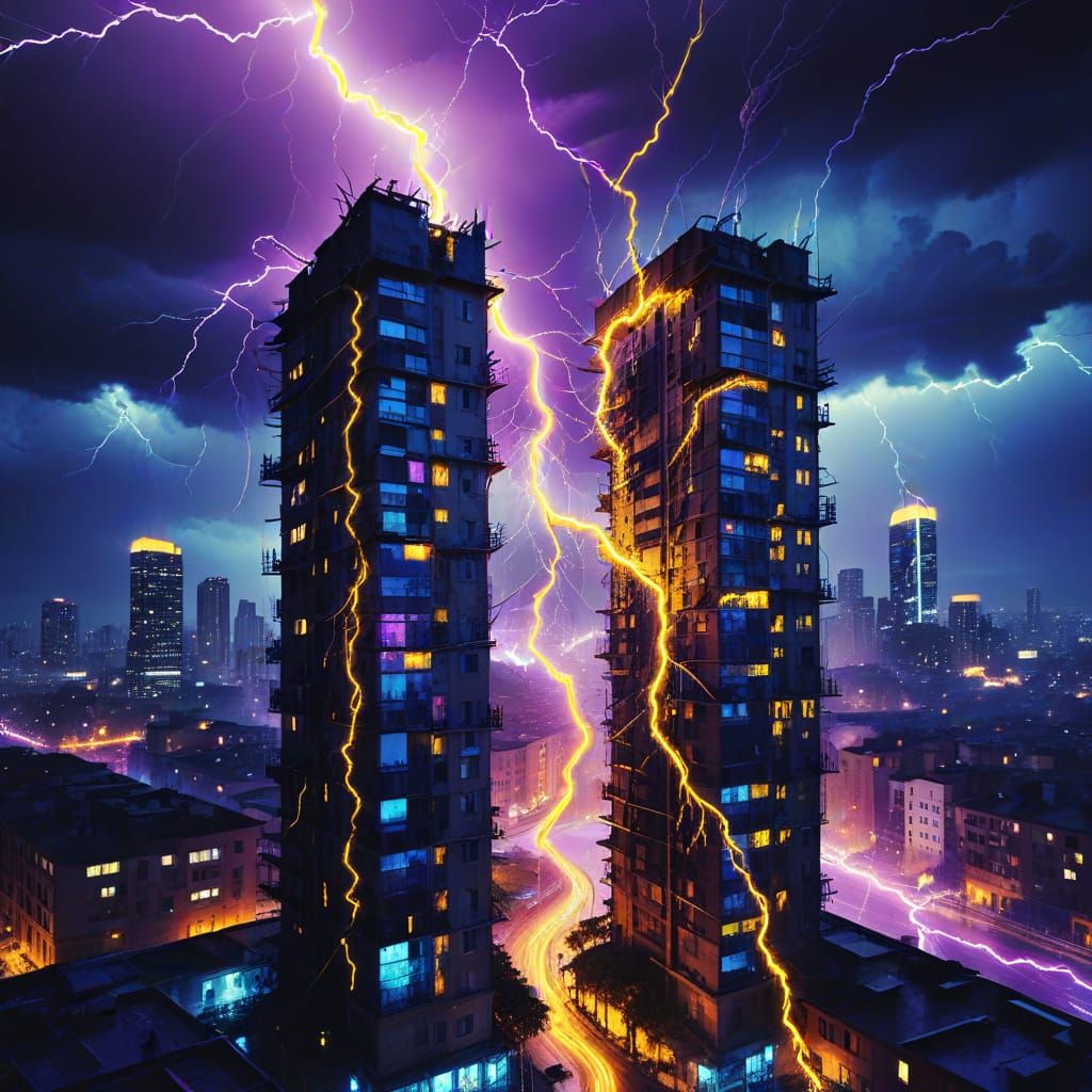 Vibrant Lightning Strikes in Double Exposure Style