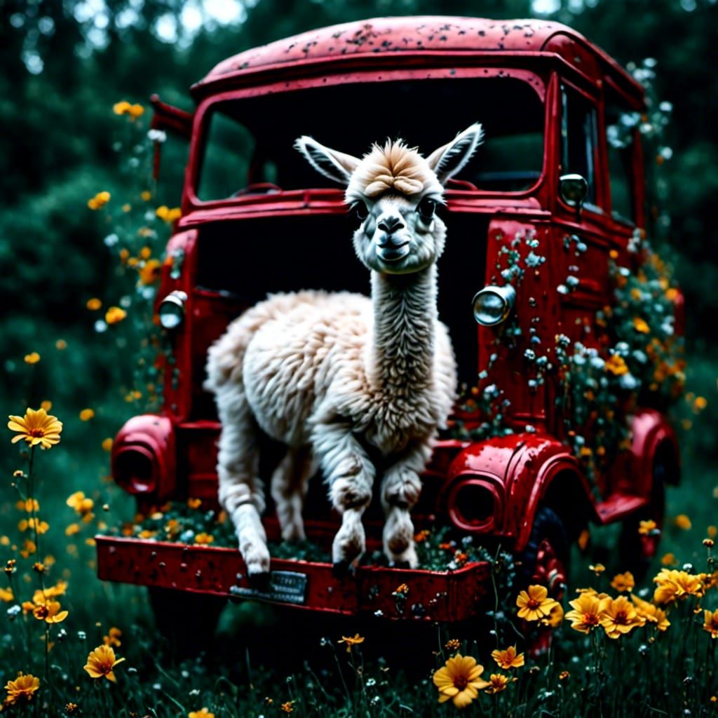 Baby Llama's Leap from Truck in Aurora Meadow