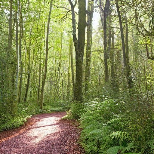 Magical Forest Path Bathed in Golden Sunlight