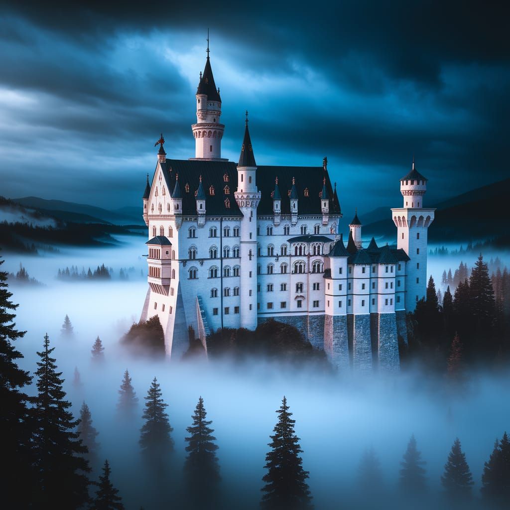 Majestic Fairytale Castle Emerges from Ethereal Mist