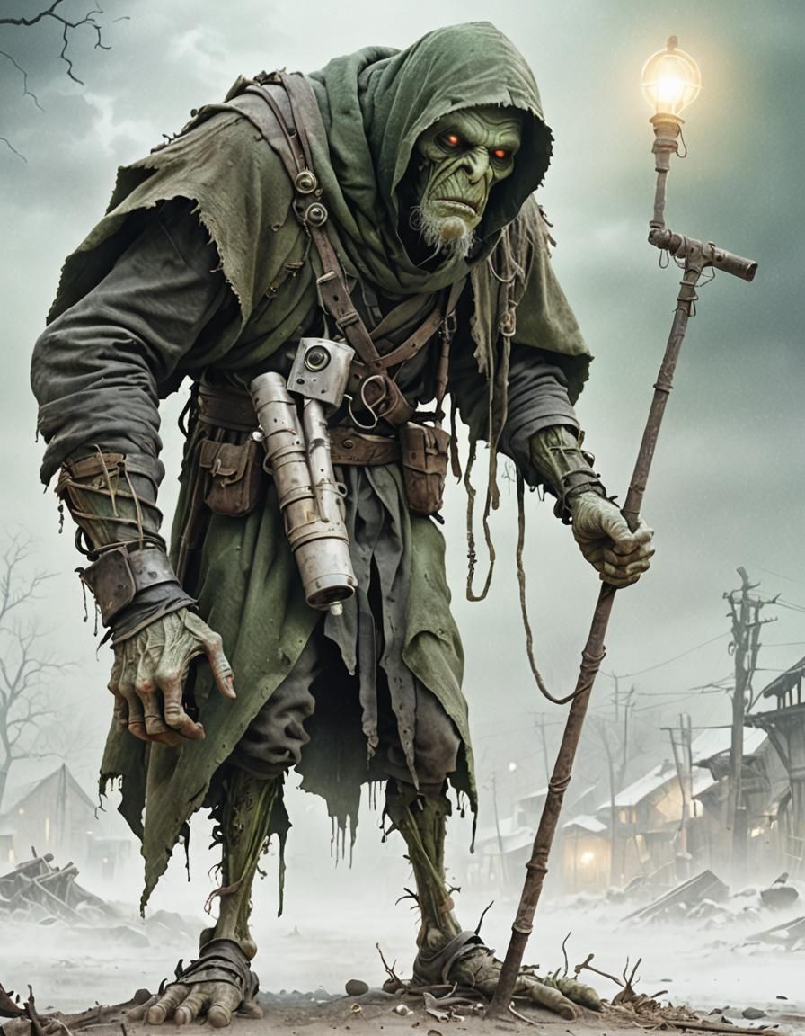 Elderly Mutant Leans on Staff in Apocalyptic Village