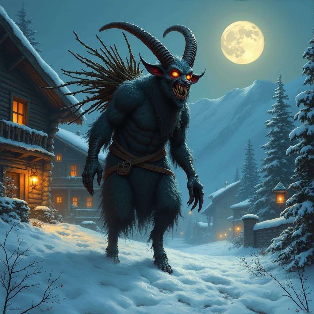 Krampus in Dark, Whimsical Alpine Village Scene