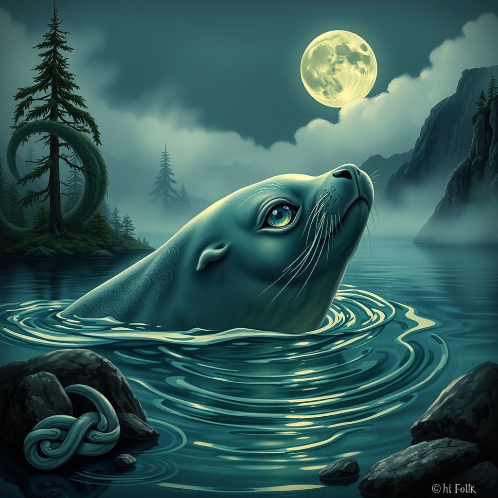 Mystical Selkie Emerges from Loch in Art Nouveau Style