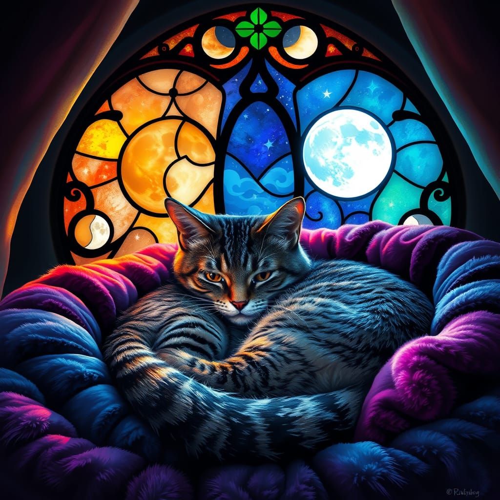 Psychedelic Cat Under Stained Glass Window