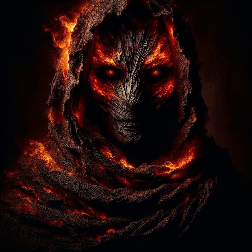 Enigmatic Entity with Fiery Fabric Veil