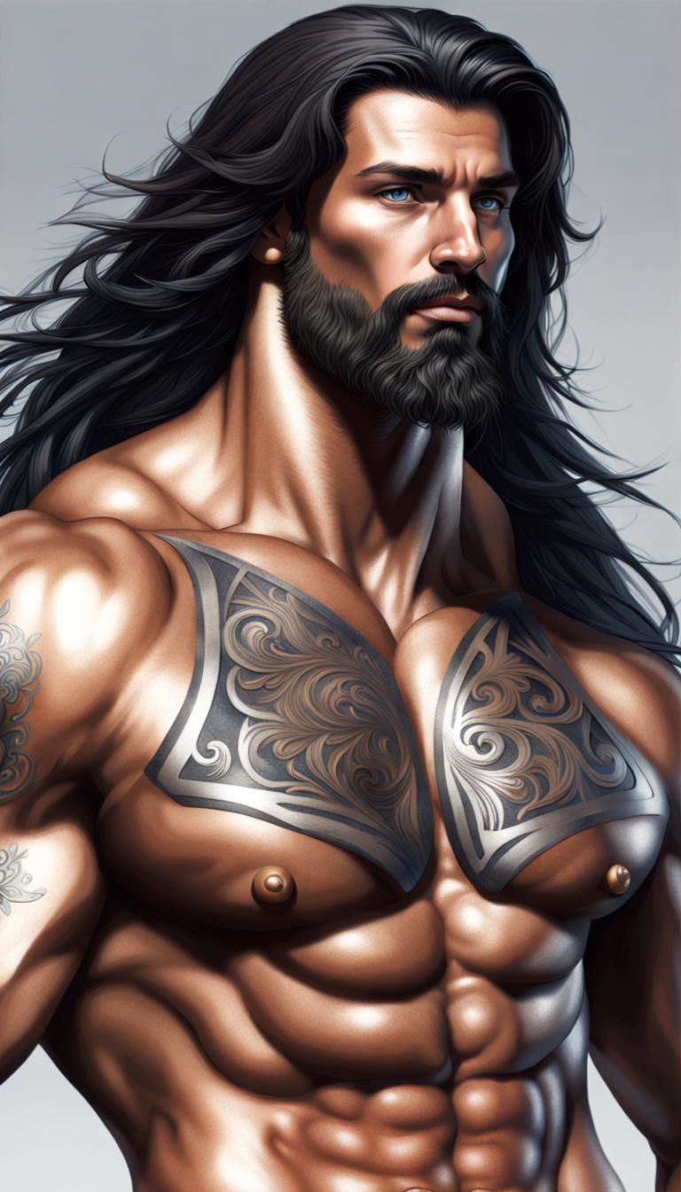 Hyperrealistic Portrait of a Muscular Man with Silver Eyes