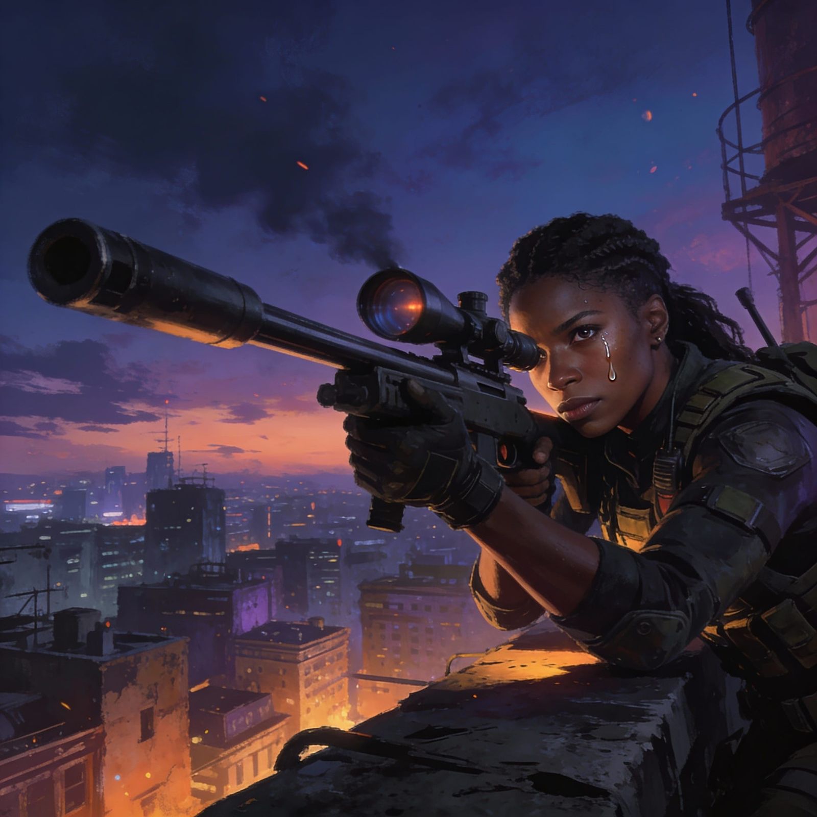 Black Woman Sniper's Tearful Conflict on Urban Rooftop