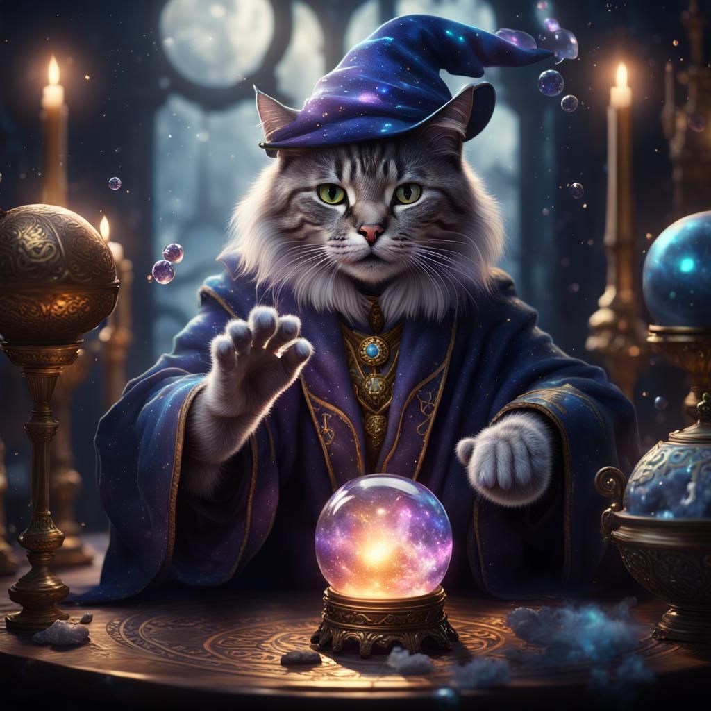 Cat Wizard Conjuring Magic with Crystal Ball