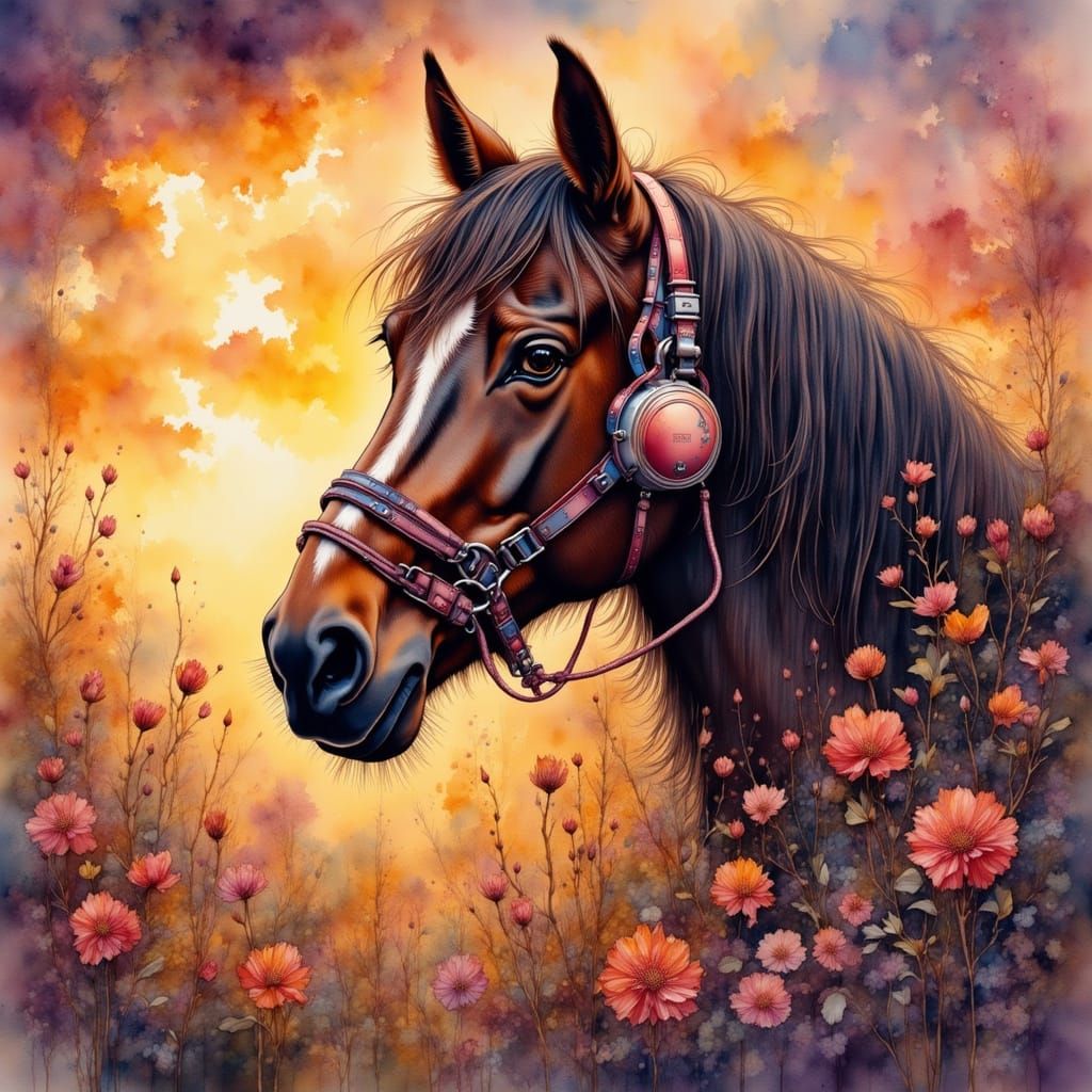 Clydesdale Horse Listens to Music at Sunset in Watercolor