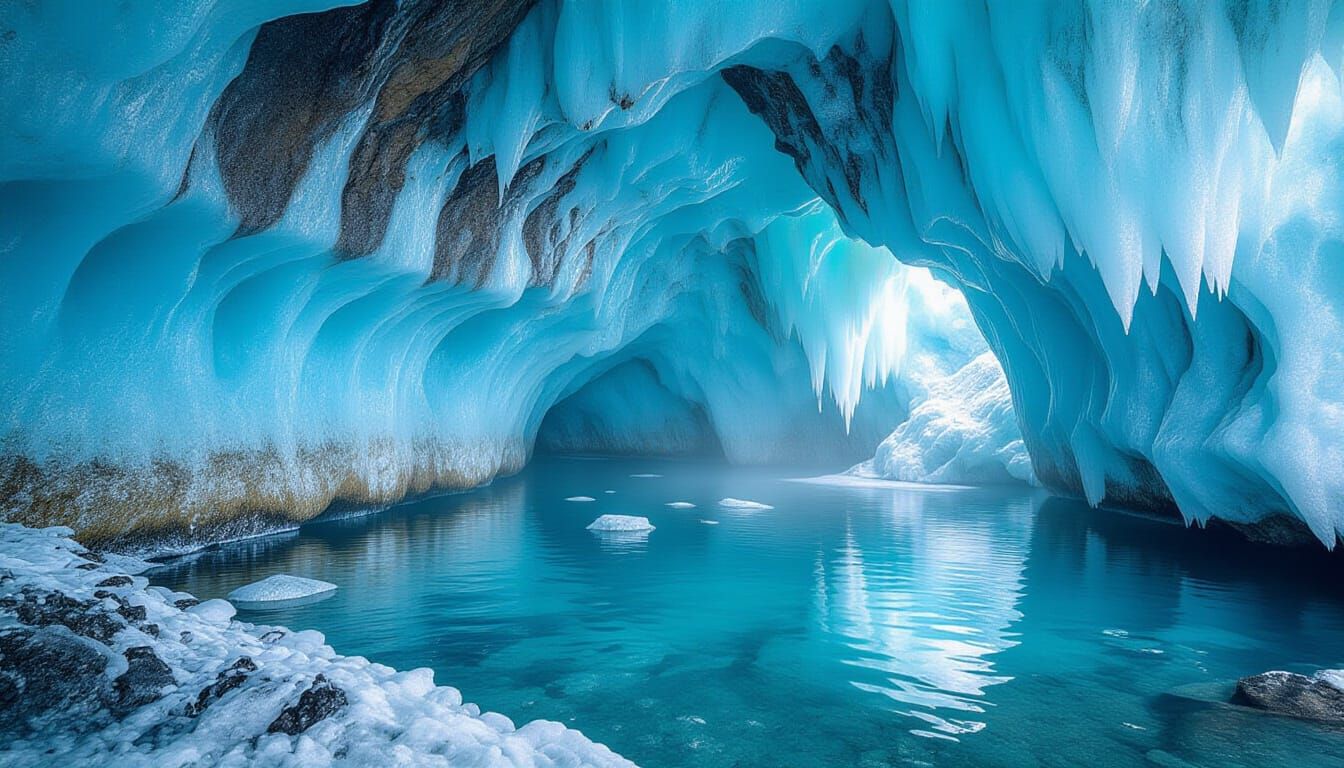 Majestic Ice Cave Landscape with Frozen Waterfall