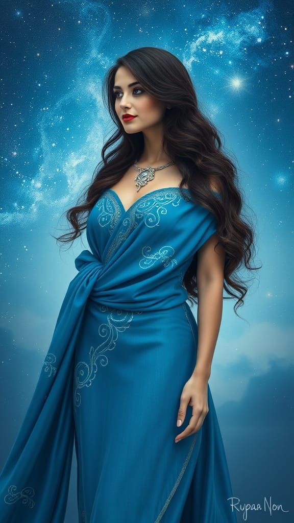 Brunette Woman in Blue Dress Against Dreamy Cosmos