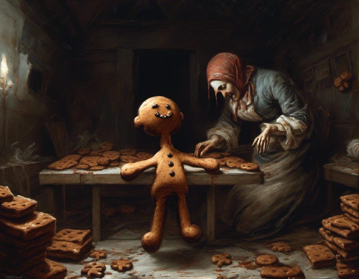 Gingerbread Man Devouring Baker: A Dark Fantasy Concept