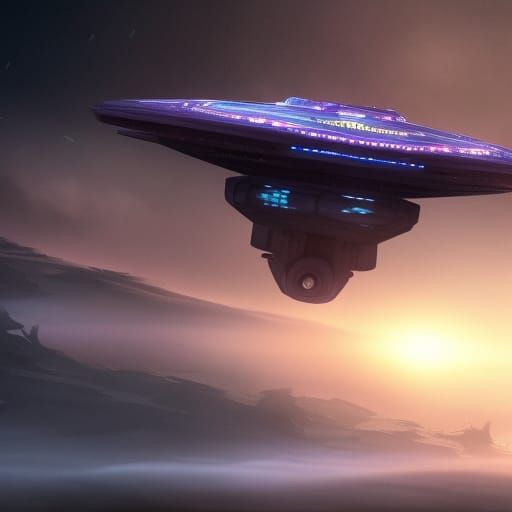 UFO Over Misty Landscape in Sci-Fi Style