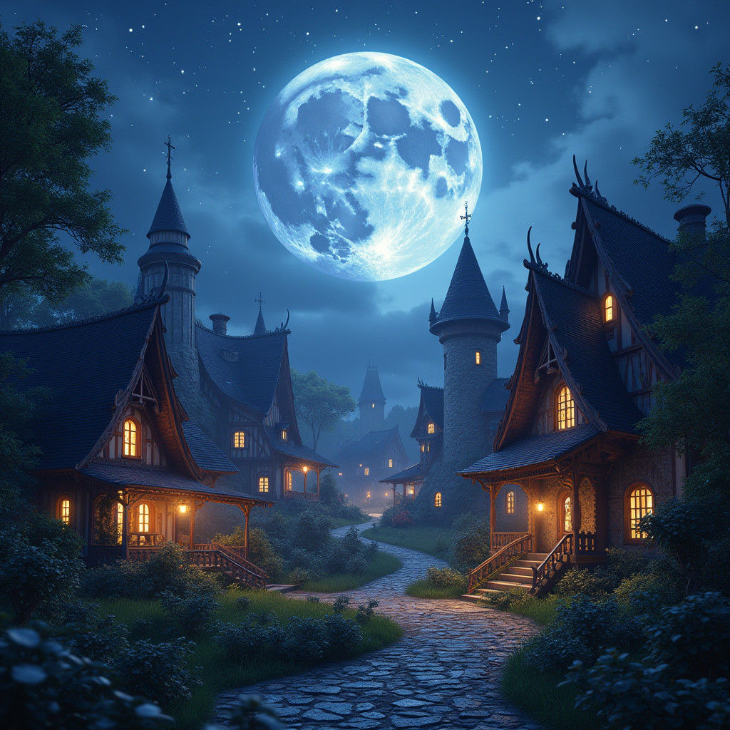 Enchanting Moonlit Village at Dusk