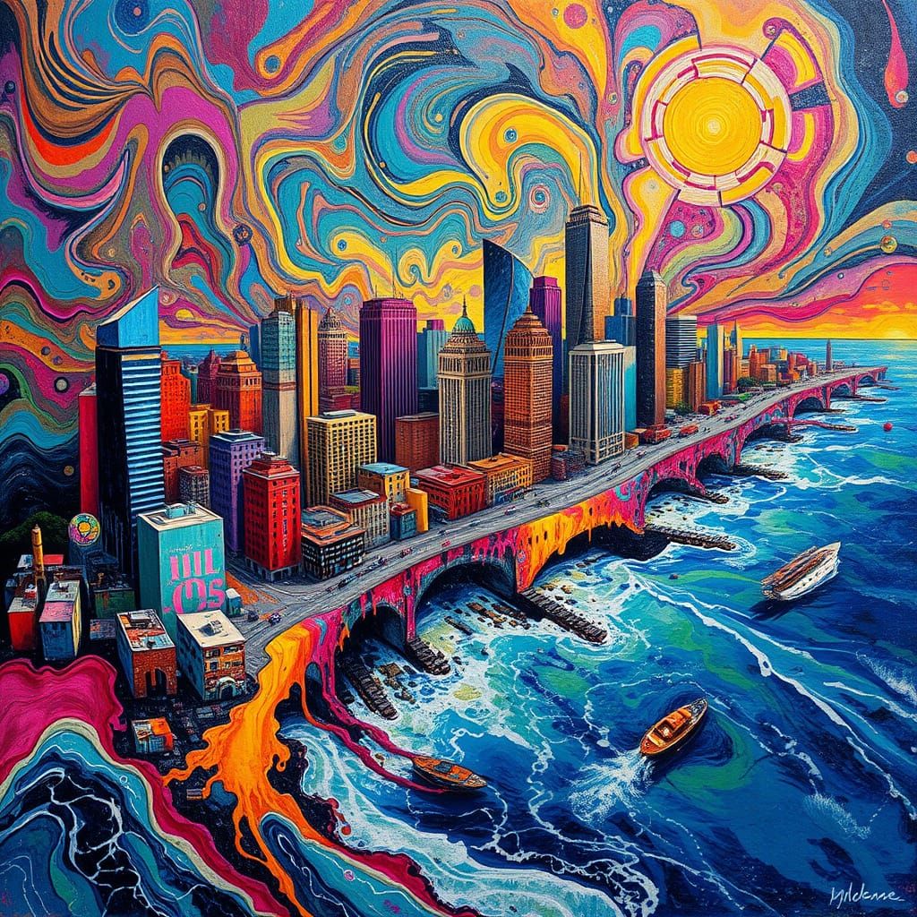 Surrealist Cityscape in Vibrant Colors Merges with Ocean Wav...