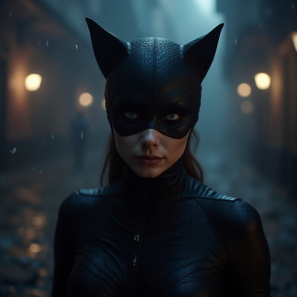 Cinematic Catwoman Emerges from Dark Synth Shadows