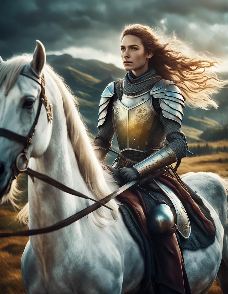 Female Knight on Horseback in Ethereal Landscape