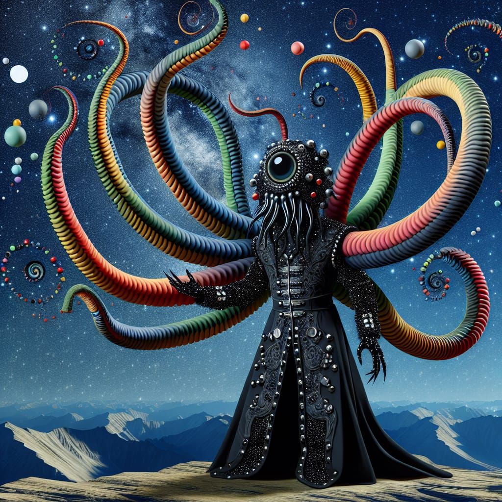 Surreal Studded Figure Soaring Over Mountains